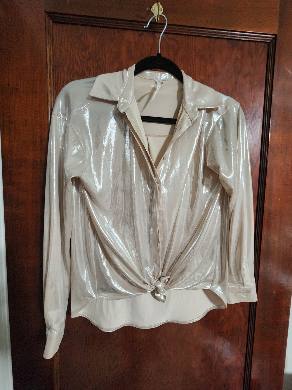 By Anthropologie Metallic Champagne Liquid Shine Tie-Front Blouse S NWOT